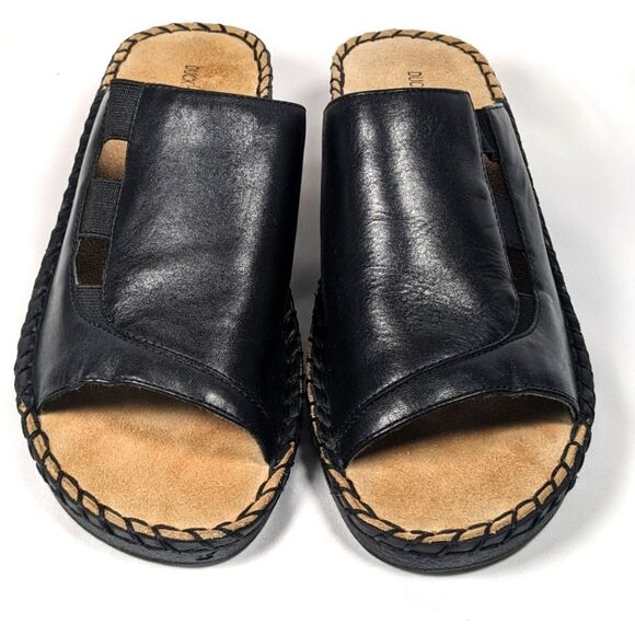 Duck Head Black Leather 2" Wedge Slides Slip On Size 6.5 - Picture 1 of 9